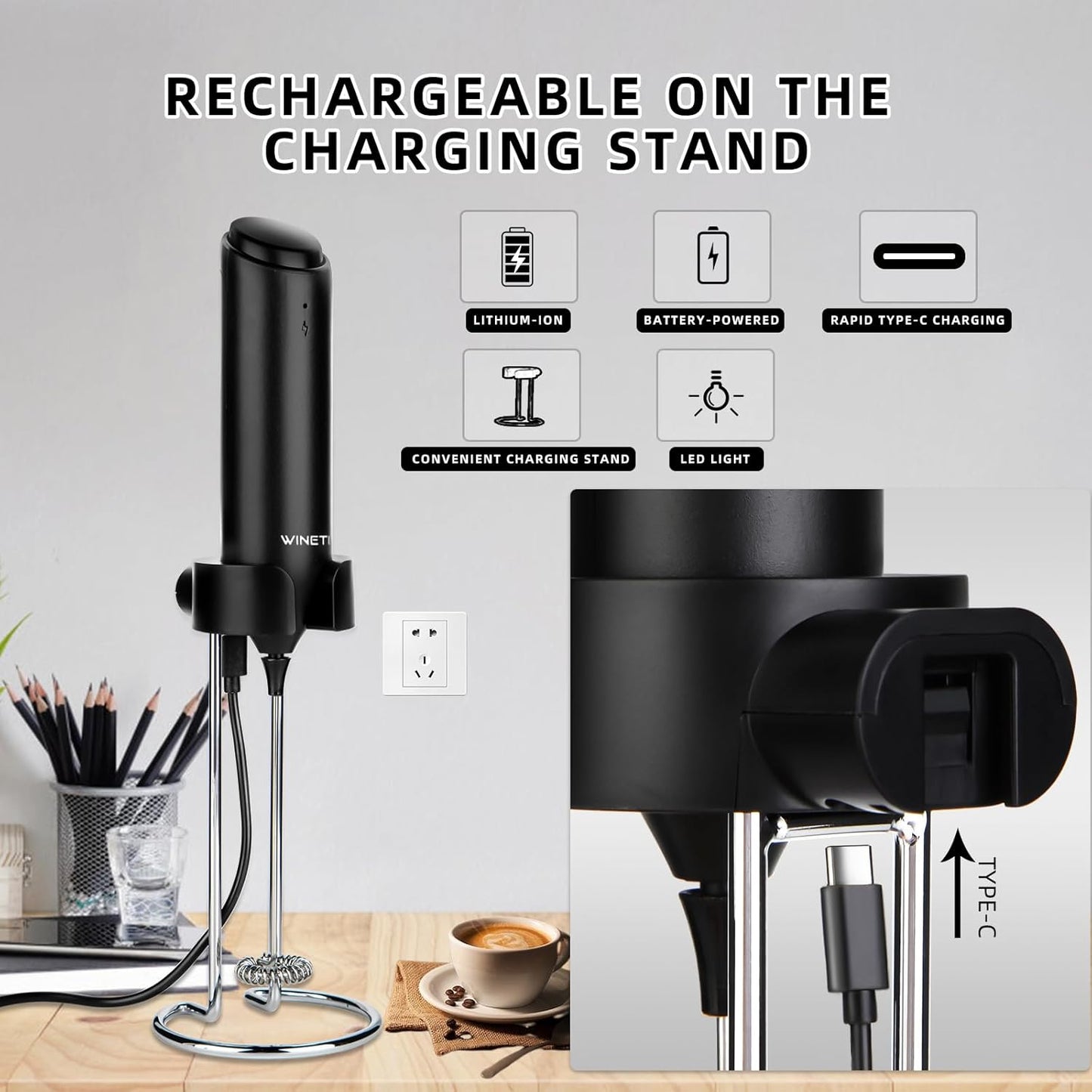 Skiennix Rechargeable Electric Milk Frother - Powerful Handheld Whisk with USB-C Charging Stand | Ideal for Lattes, Hot Chocolate, Matcha
