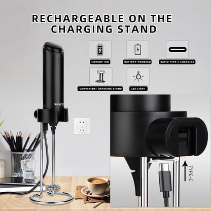 Skiennix Rechargeable Electric Milk Frother - Powerful Handheld Whisk with USB-C Charging Stand | Ideal for Lattes, Hot Chocolate, Matcha
