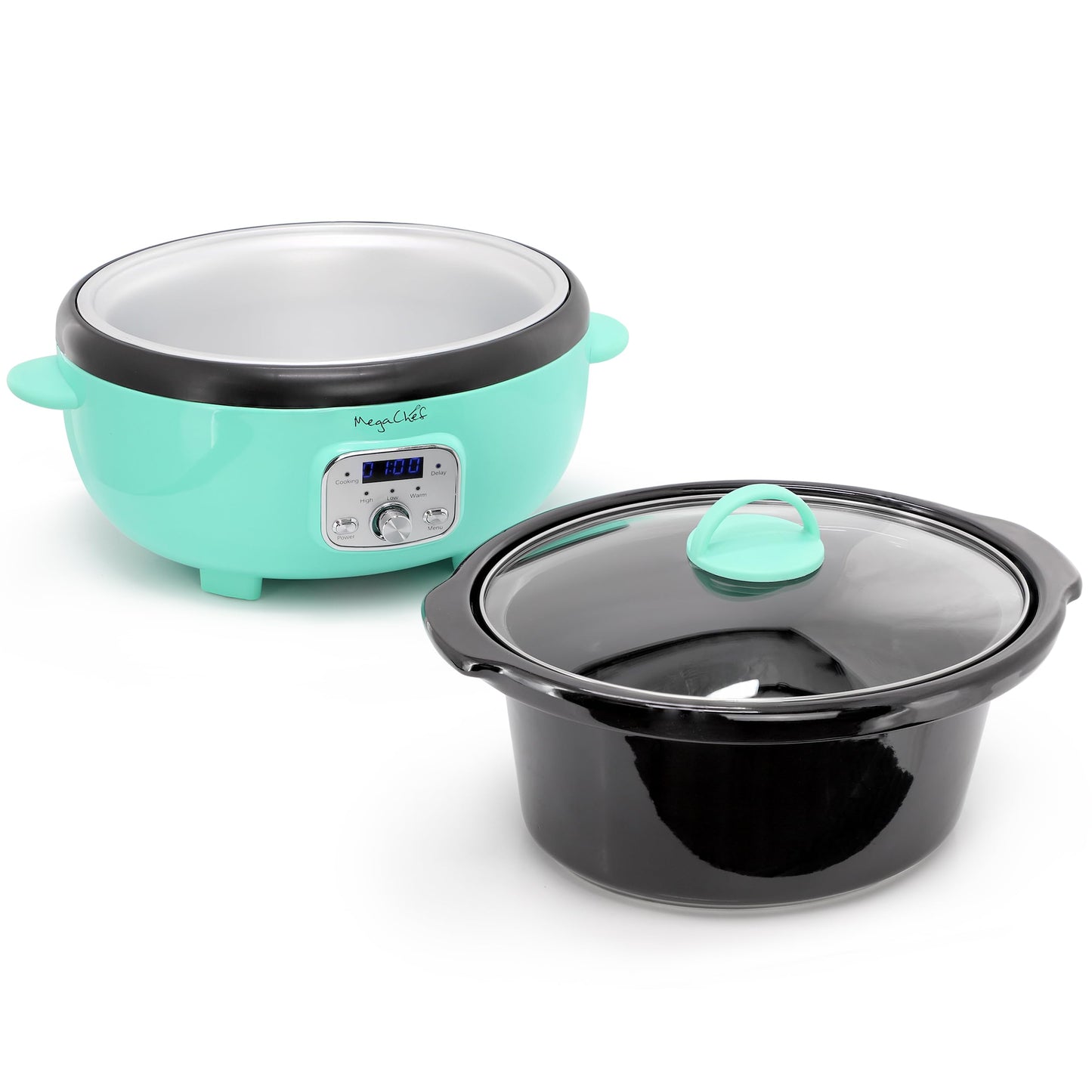 MegaChef 6.9 Quart Oval Electric Slow Cooker, Removable Ceramic Pot, 3 Heat Settings, Kitchen Appliance, Countertop Cooker (Turquoise)