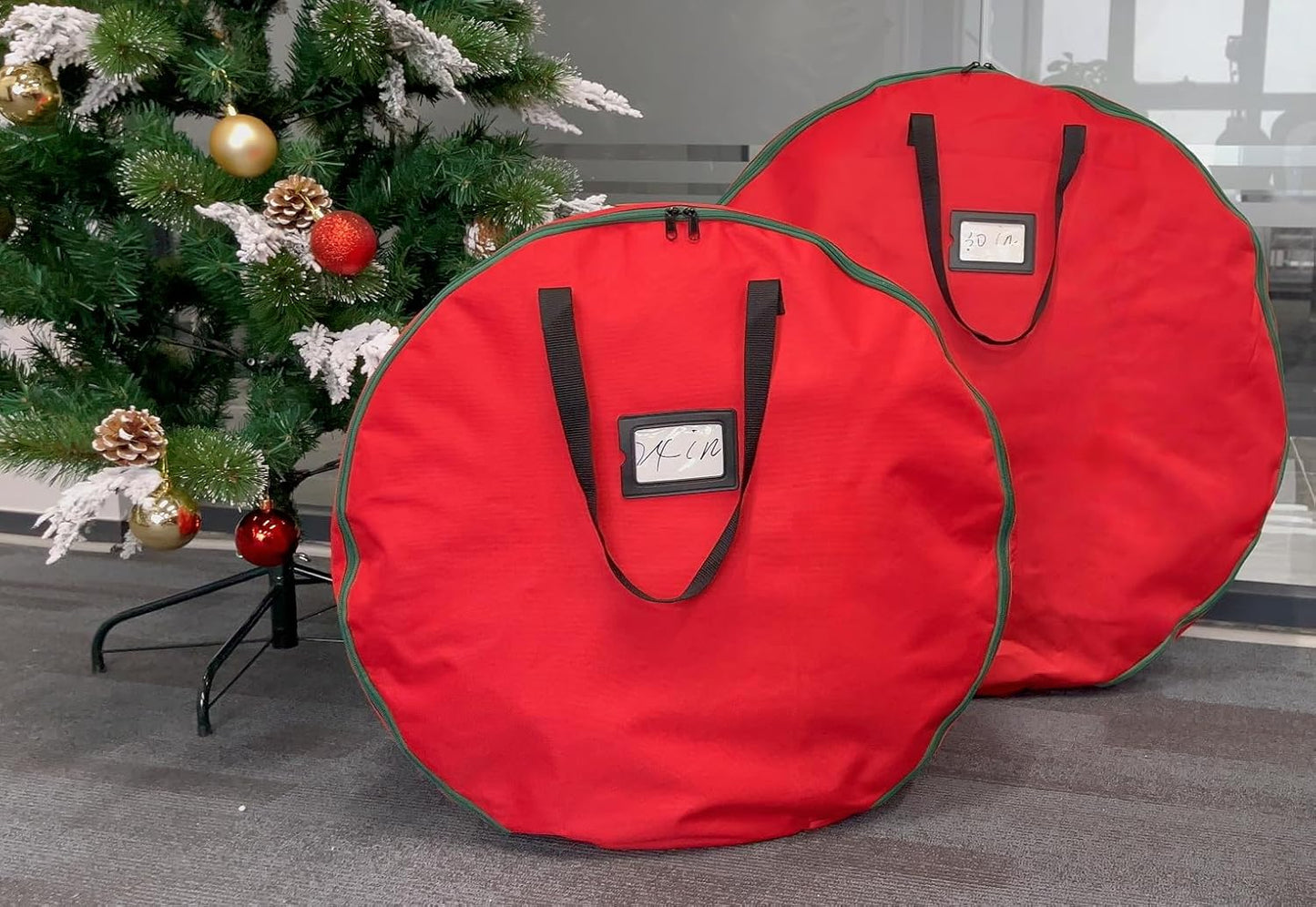 Skiennix Wreath Storage Container - Heavy Duty 600D Oxford Cloth, 24x12 Inch Red Double Bag for Holiday Wreaths