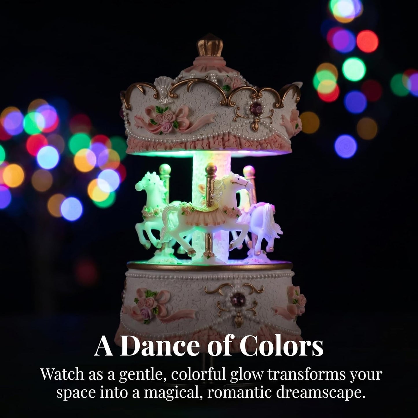 Skiennix Carousel Music Box - 3-Horse Rotating Windup with LED Lights | Pink Musical Gift for Girls