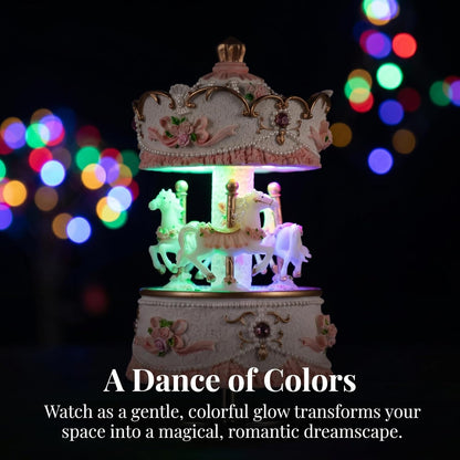 Skiennix Carousel Music Box - 3-Horse Rotating Windup with LED Lights | Pink Musical Gift for Girls