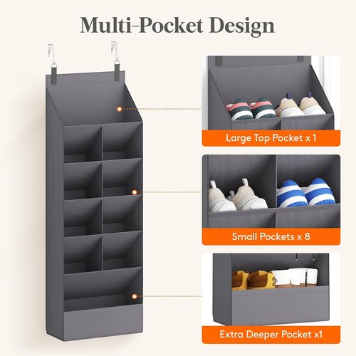 Lifewit 6-Tier Over The Door Shoe Organizer - 11 Deep Pockets for Up to 12 Pairs - Gray Fabric Storage Solution