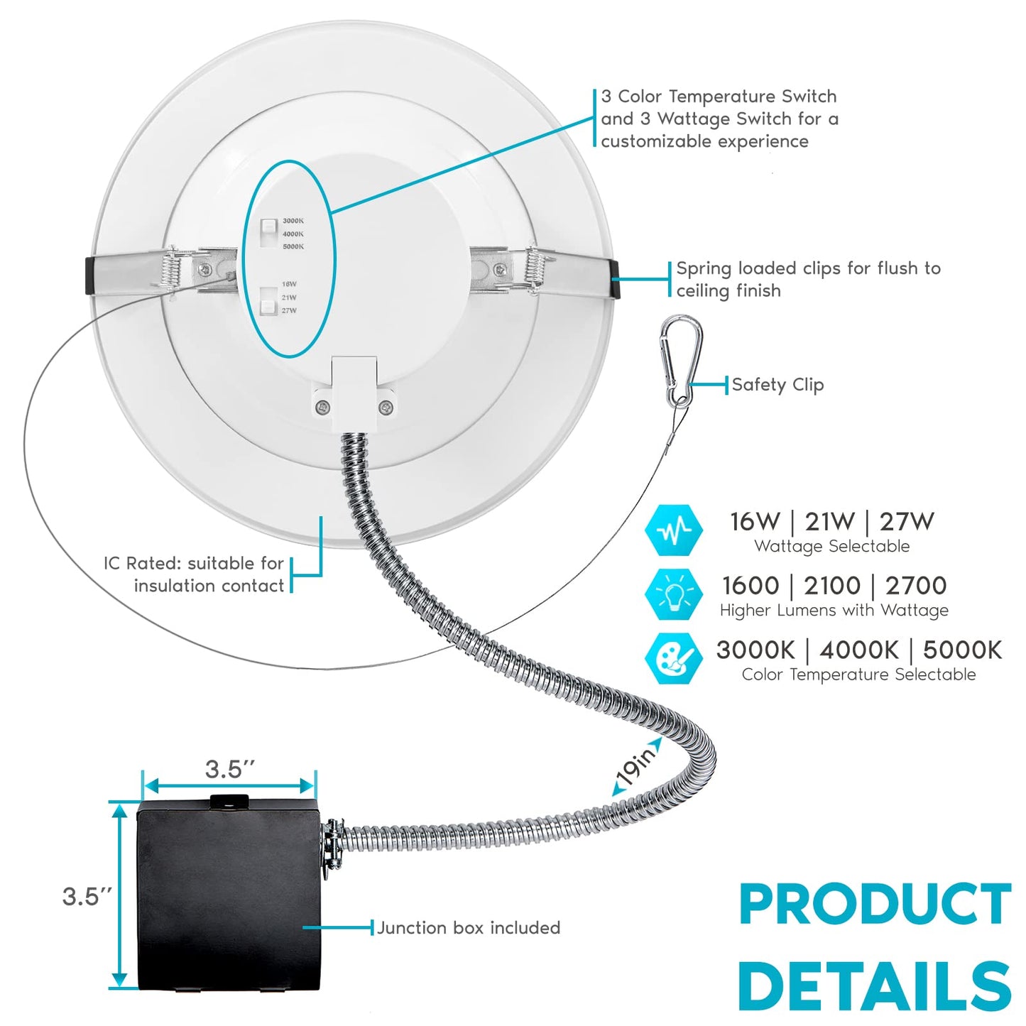LUXRITE 8 Inch Commercial LED Recessed Lighting with J-Box, 16/21/27W, 3 Color Selectable 3000K-5000K, 1600/2100/2700 Lumens, 0-10V Dimmable, 120-277V, Canless LED Downlight, IC Rated, Wet Rated