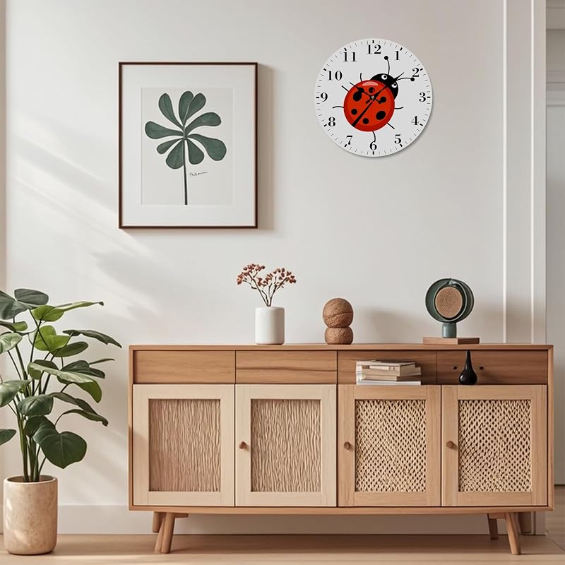 12" Silent Round Wall Clock with Cute Ladybug Design - Non-Ticking