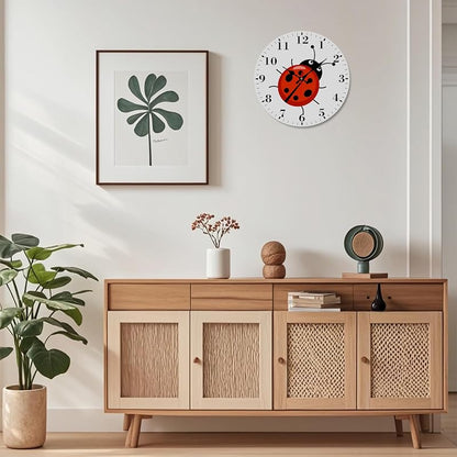 12" Silent Round Wall Clock with Cute Ladybug Design - Non-Ticking