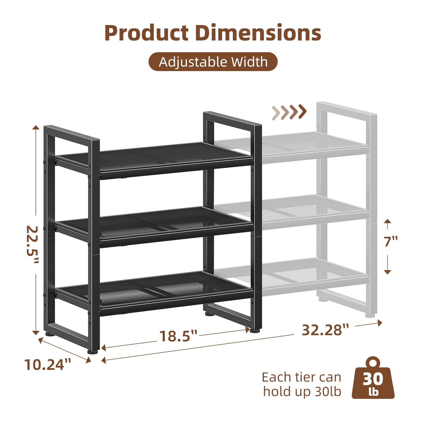 Simple Trending 3-Tier Expandable Shoe Rack, Adjustable & Stackable Shoe Organizer, Metal Mesh Free Standing Shoe Shelf Storage for Closet Entryway Doorway, Black