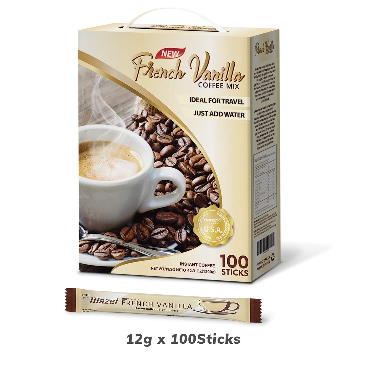 Café Mazel Instant Coffee - French Vanilla, Instant Coffee Mix, 3 in 1 Instant Coffee, 100 Sticks