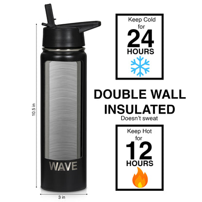 Leak Proof Water Bottle with Straw 22oz | Insulated Double Walled Stainless Steel Metal Thermos Bottles for Men, Women & Kids | Reusable Sports BPA Free Flask for Gym Sports | Wave Retail | Gray