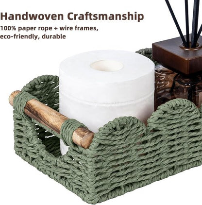 CubesLand Bathroom Basket Organizer - Scalloped Wicker Storage Tray with Cut-Out Handle | Green