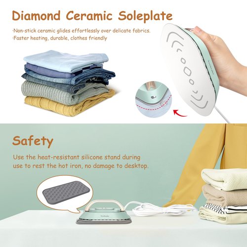 Newbealer Travel Iron with Global Voltage, 100-240V Mini Dry Iron for Clothes (No Steam), Max 300W, 60s Heat Up, 302℉ Non-Stick Ceramic Soleplate, 0.8lbs Ultra-Lightweight (Green)