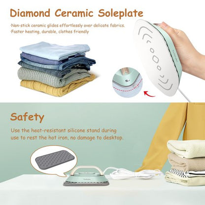 Newbealer Travel Iron with Global Voltage, 100-240V Mini Dry Iron for Clothes (No Steam), Max 300W, 60s Heat Up, 302℉ Non-Stick Ceramic Soleplate, 0.8lbs Ultra-Lightweight (Green)