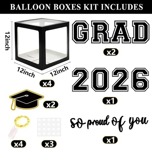 DAZONGE Graduation Decorations 2026 - Black and Gold Set with 4 Grad Boxes, 139pcs Balloon Arch & 4 Light Strings