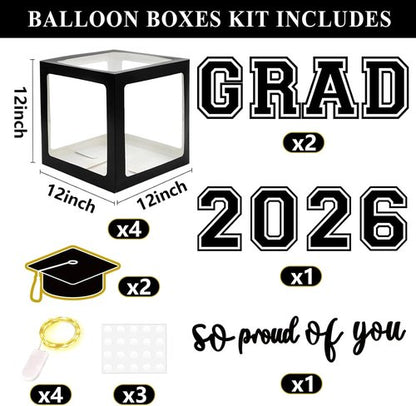 DAZONGE Graduation Decorations 2026 - Black and Gold Set with 4 Grad Boxes, 139pcs Balloon Arch & 4 Light Strings