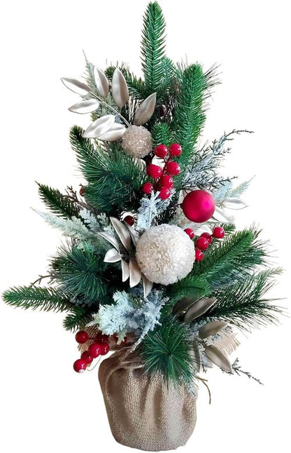 Idyllic 21-Inch Snowy Mini Christmas Tree - Flocked Tabletop Holiday Decor with Red Berries & Cloth Bag Base