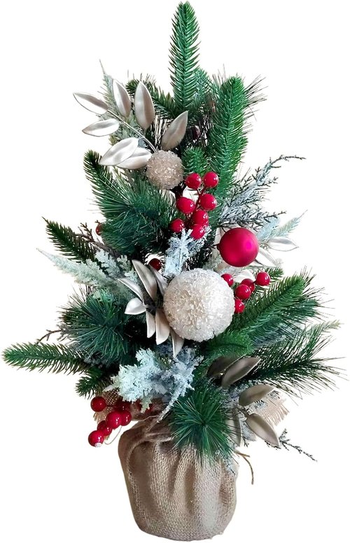 Idyllic 21-Inch Snowy Mini Christmas Tree - Flocked Tabletop Holiday Decor with Red Berries & Cloth Bag Base