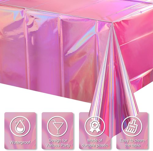 FunnyPars Iridescent Pink Tablecloths - Shiny Disposable Laser Rectangle Covers | 54x108 Inch Party Decorations