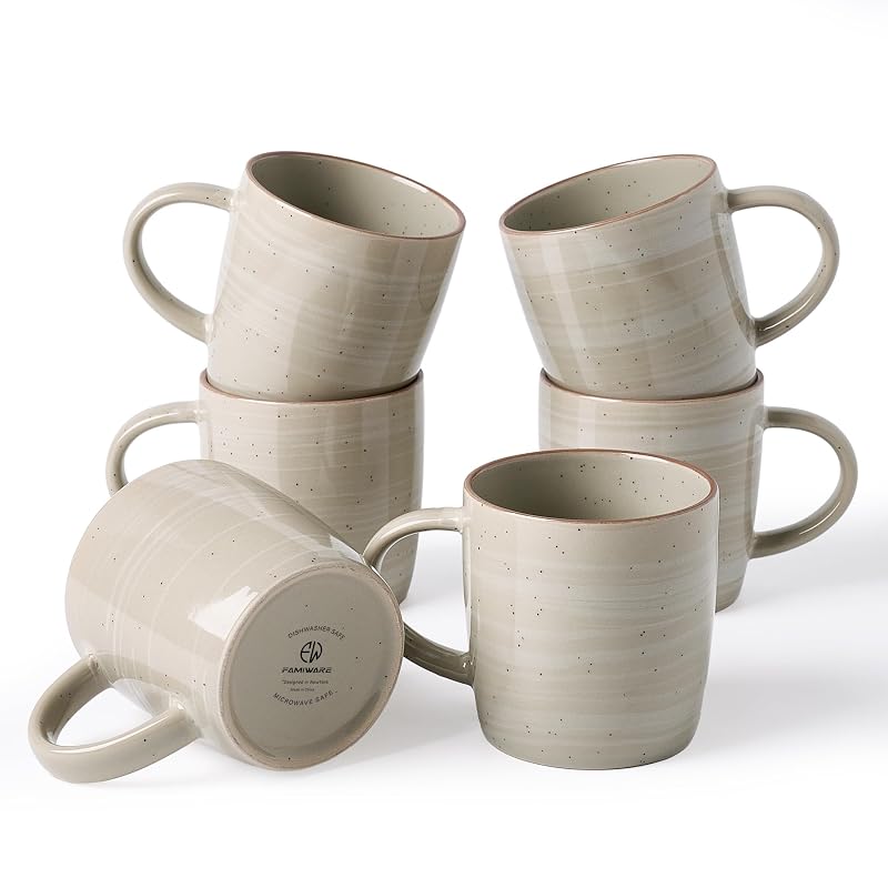Meteor-Matcha Green 13 oz Mug Set of 6 - Speckled Ceramic Coffee Cups with Handle
