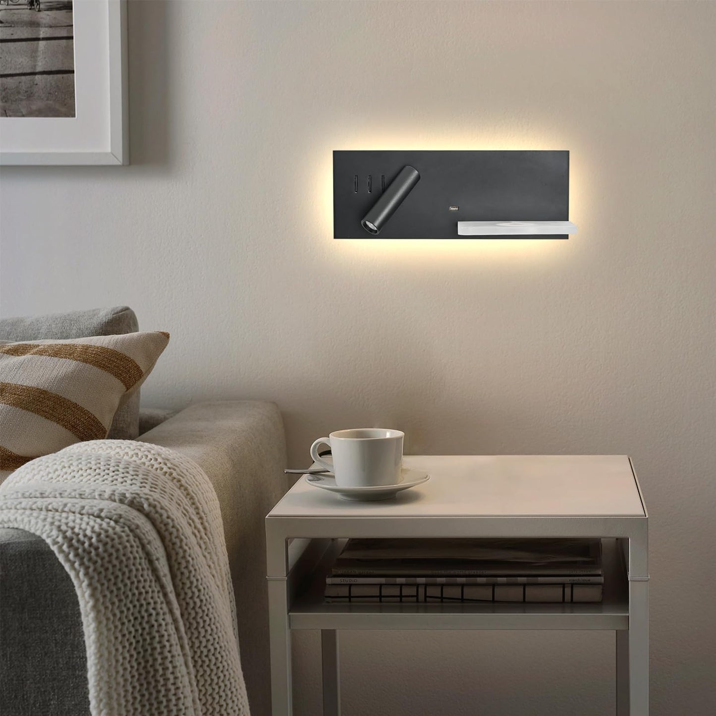 Reading Light Wall Mounted with Wireless Charger & USB Port, LED Book Light for Reading in Bed, Plug in Wall Light for Bedroom, 10W Background Light and 3W Spotlight 3000K Bedside Lamps