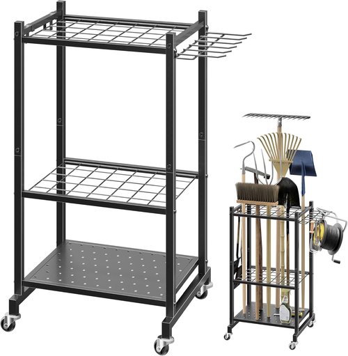 LAKEMID Garden Tool Organizer Stand - Mobile Yard Tool Rack with 2 Hooks | Holds Up to 42 Tools