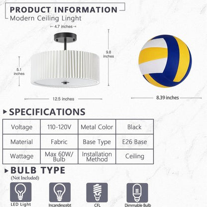 Bargeni Semi Flush Mount Ceiling Light,12.5 inch Ceiling Light Fixture,Black Flush Mount Light Fixture with Pleated Fabric Drum Shade,Light Fixtures Ceiling Mount for Bedroom,Living Room,Hallway