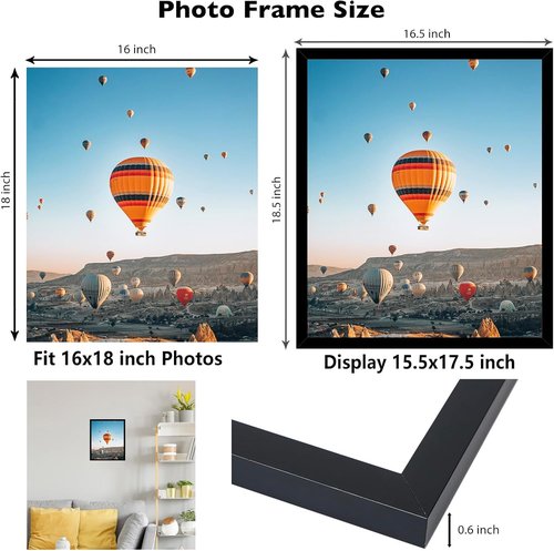 JCJMY 16x18 Picture Frame - Black Wall Gallery Frame for Horizontal & Vertical Photos