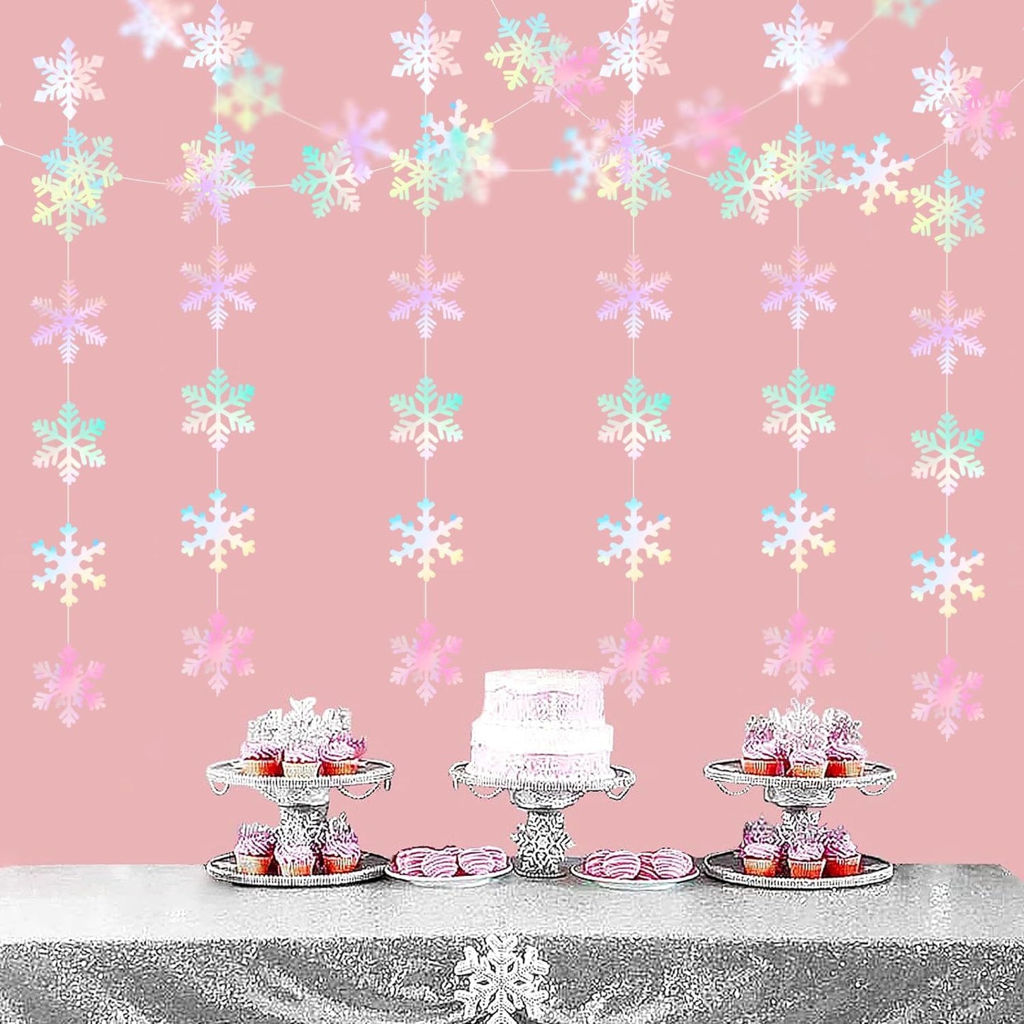 Panduola Iridescent Holographic Snowflake Garland - 6pcs Winter Wonderland Party Decorations