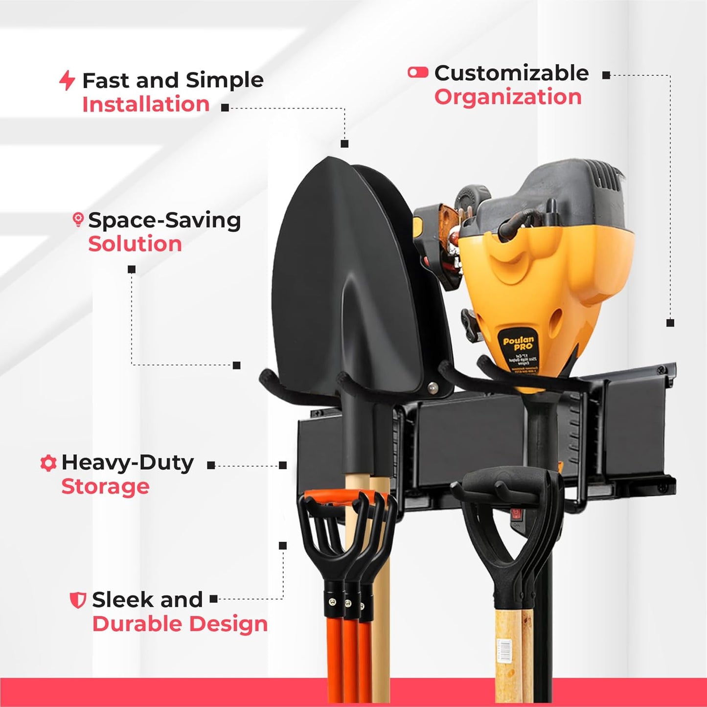 TIDYME Garage Wall Organizer - 64" Heavy-Duty Tool Storage Rack | Adjustable Double-Layer Hooks | 400 lbs Capacity