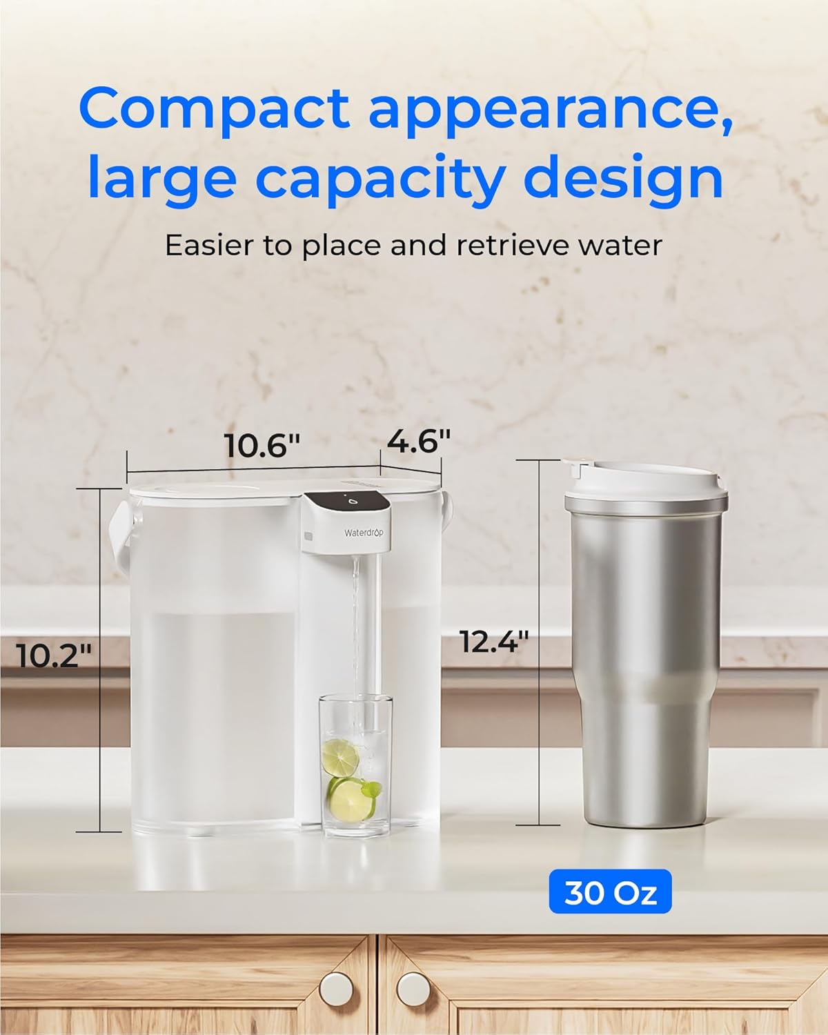 Waterdrop Compact Electric Water Filter Pitcher - 200-Gallon Rechargeable Dispenser | NSF Certified, 14-Cup, White