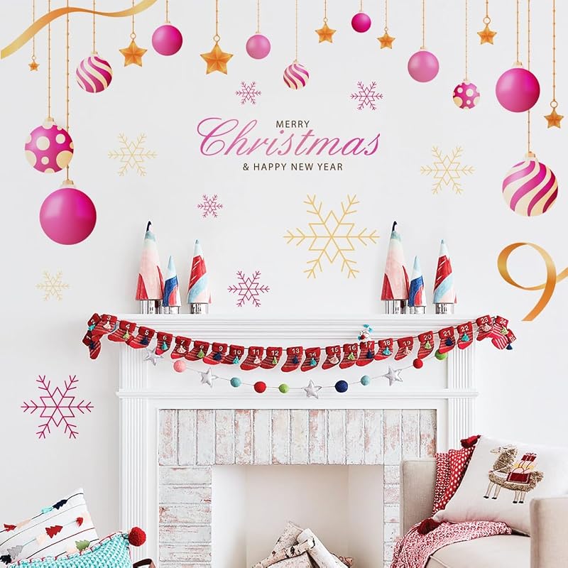 Pink Christmas Wall Decals - 47.24 x 31.49 in with Light Balls & Snowflakes, Removable Art Decor (Variation: Pink Christmas-2)