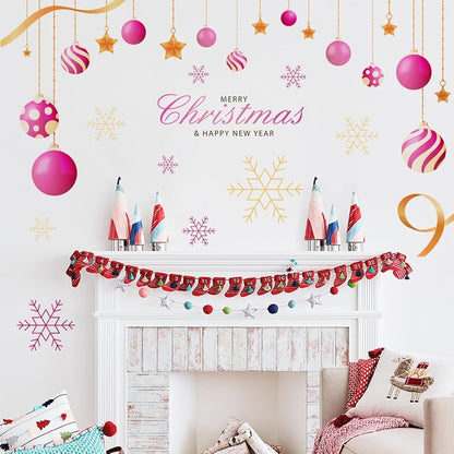 Pink Christmas Wall Decals - 47.24 x 31.49 in with Light Balls & Snowflakes, Removable Art Decor (Variation: Pink Christmas-2)