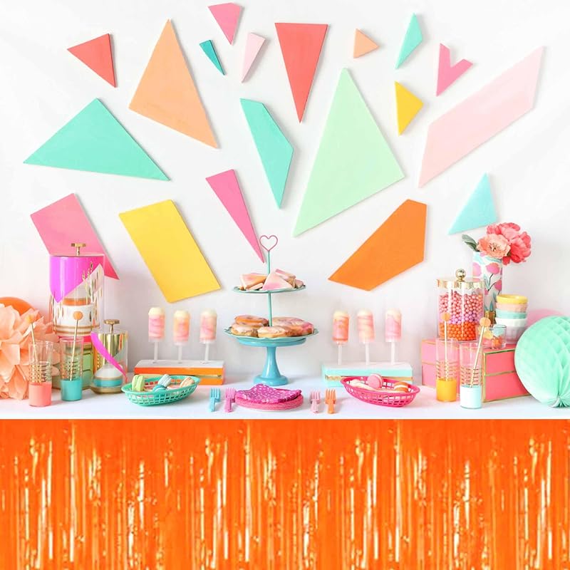 Macaron Orange Variation 3 Pack Foil Fringe Table Skirts - 29x108 in, Tinsel Backdrop