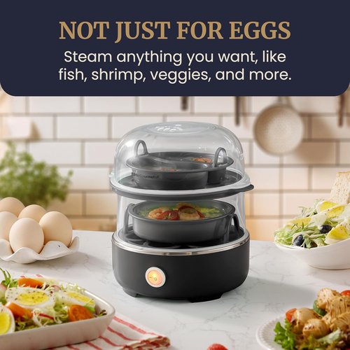 Elite Gourmet Easy Egg Cooker - Stainless Steel, Two-Tiered, 14-Egg Capacity, Auto Shut-Off | Black