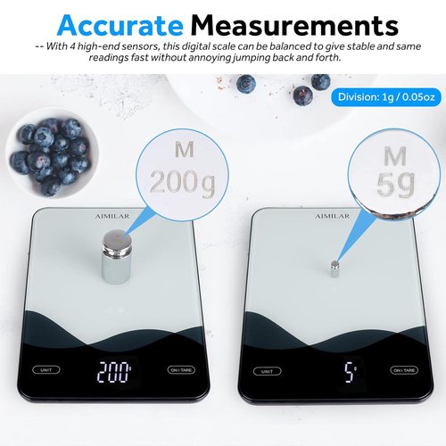 AIMILAR Digital Kitchen Scale - 22lb/10kg Capacity, USB-C Rechargeable, Easy Clean Glass Top, LED Touch Screen
