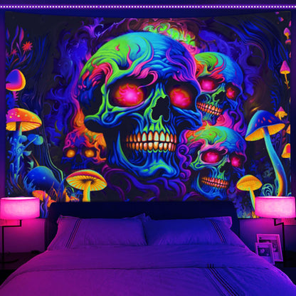 Skull Blacklight Tapestry, UV Reactive Skeleton Tapestry Trippy for Bedroom, Black Light Posters for Adults, Halloween Horror Wall Glow in Dark Tapestry Aesthetic Living Room Dorm Decor 60x40IN