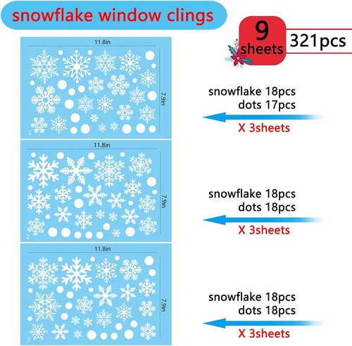 Afmivs Christmas Window Clings - 321PCS Snowflake Stickers for Holiday Decor | 9 Sheets for Indoor Use