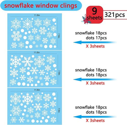 Afmivs Christmas Window Clings - 321PCS Snowflake Stickers for Holiday Decor | 9 Sheets for Indoor Use