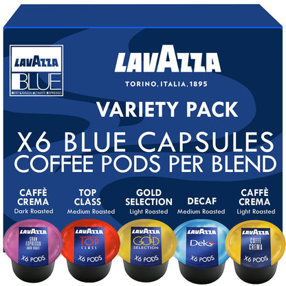 Lavazza Blue Coffee Pods, 30 Count Sampler Coffee Capsules, 5 Flavors - Top Class, Gold, Caffe Crema, Decaf, Gran Espresso, 6 Pods/Flavor