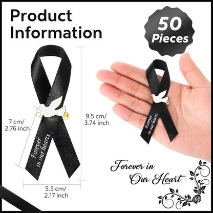 Dove Funeral Ribbons - 50 Pcs Classic Memorial Service Pins with Safety Pins | Black Mourning Bow