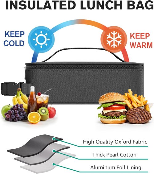 HowFly Insulated Lunch Bag - Portable Thermal Cooler for Work & School - Reusable Black Meal Bag with Buckle Handle