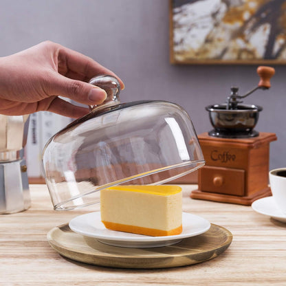 MyGift Cloche Dome Glass Dessert Serving Tray - 7.5 Inch Cake Stand with Acacia Wood Base for Parties