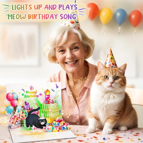 FITMITE Cute Cat Birthday Card - Pop-Up Design with Music, Lights & Blowable Candle | Perfect Gift for Cat Lovers