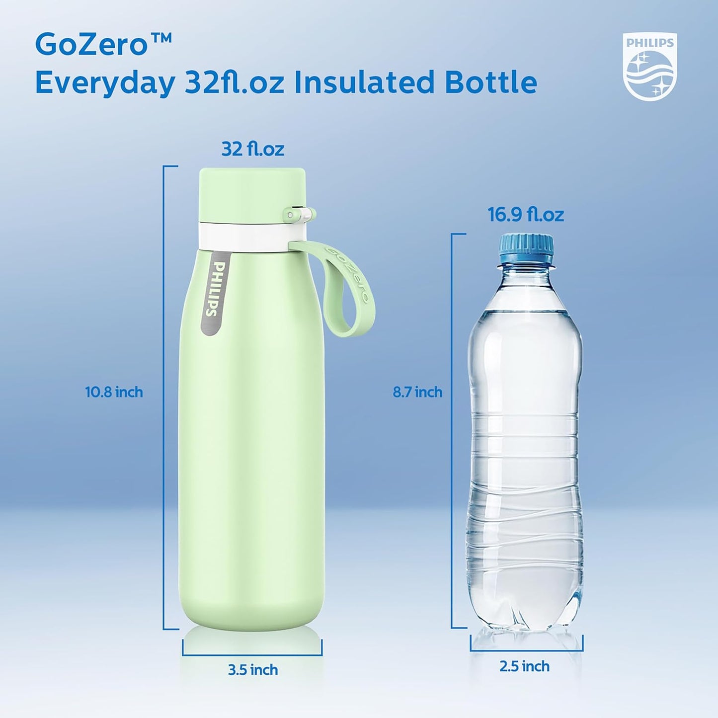 PHILIPS Water Bottle - Stainless Steel Filtered Design | Keeps Drinks Cold for 24 Hours, 1 Filter for 40 Gal