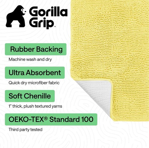 GORILLA GRIP Bath Rug Mat - Soft Absorbent Chenille | Quick Dry Microfiber, 36x24, Yellow