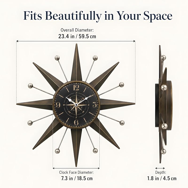 Mid-Century Starburst Wall Clock - 23.4-Inch Bronze & Silver Trim