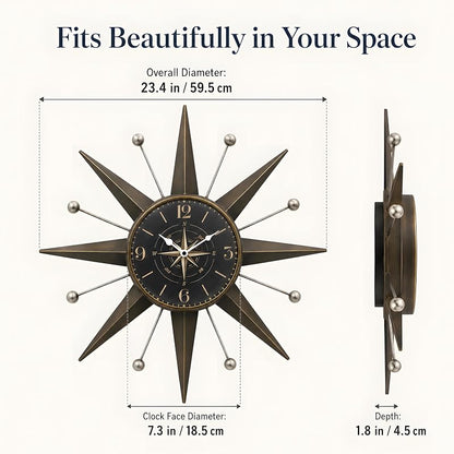 Mid-Century Starburst Wall Clock - 23.4-Inch Bronze & Silver Trim