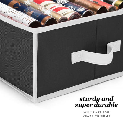 Premium Wrapping Paper Organizer - Heavy Duty Gift Wrap Holder with Extra Pockets | Fits Up to 27 Rolls (Black)