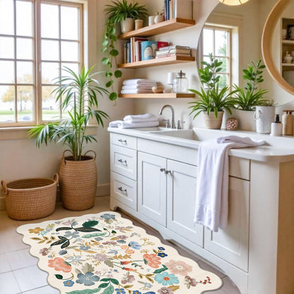 Washable 2x3 Entryway Scalloped Rug: Floral Thin Door Mat Non Slip Water Resistant Kitchen Bathroom Area Rug Indoor Ultra Soft Carpet for Laundry Nursery Living Room Bedroom Soft Floor Mat (2x3,Cream)
