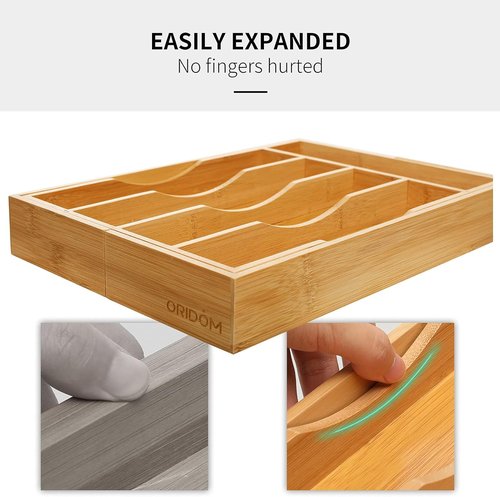 Bamboo Expandable Kitchen Drawer Organizer - Adjustable Cutlery Tray for Utensils | Natural Wood Finish