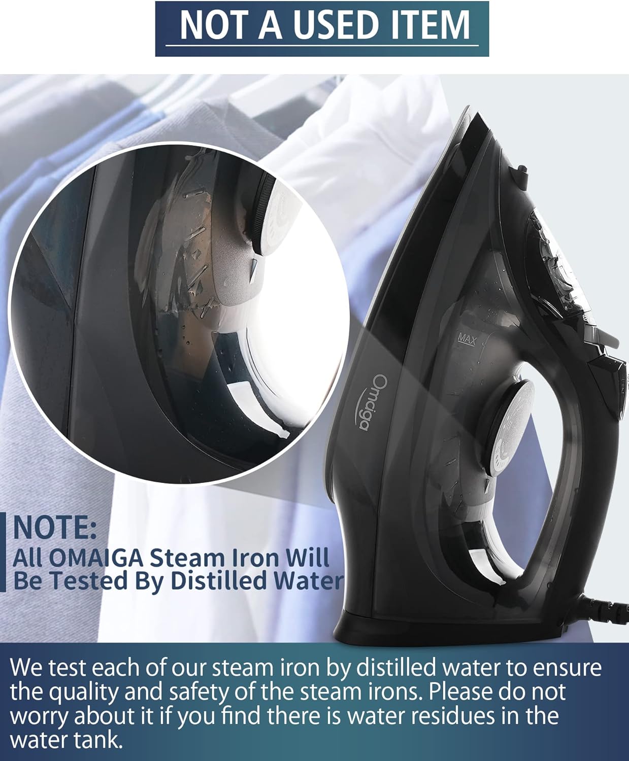 OMAIGA Steam Iron - 1500W Rapid Heating Iron with Non-Stick Soleplate & Auto-Off | Black